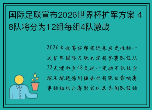 国际足联宣布2026世界杯扩军方案 48队将分为12组每组4队激战