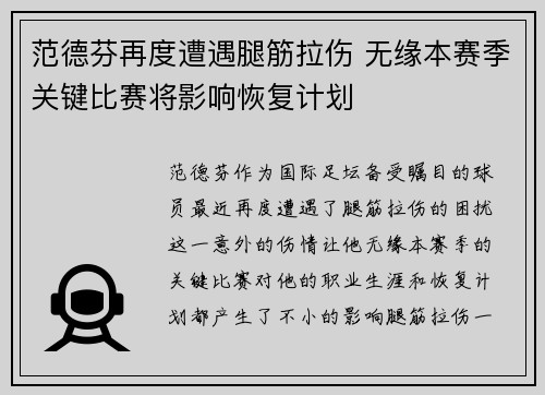 范德芬再度遭遇腿筋拉伤 无缘本赛季关键比赛将影响恢复计划