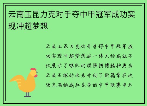 云南玉昆力克对手夺中甲冠军成功实现冲超梦想
