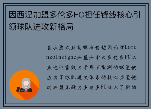 因西涅加盟多伦多FC担任锋线核心引领球队进攻新格局